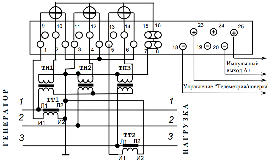 Схема подключения Меркурий 230 АМ к 3 фазной сети с помощью 3 трансформаторов напряжения и 2 трансформаторов тока